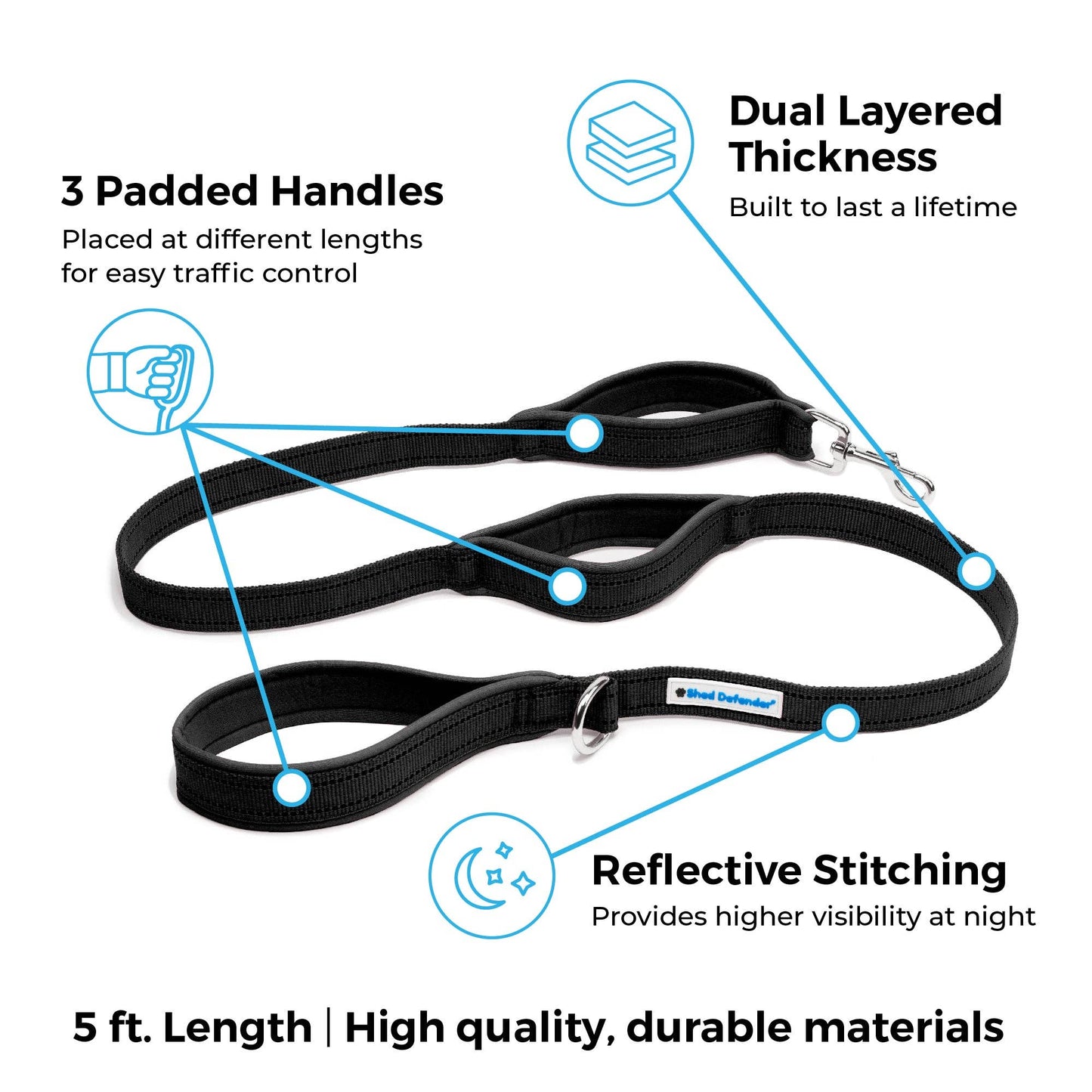 Standard Three Padded Handle Leash - 5 ft.